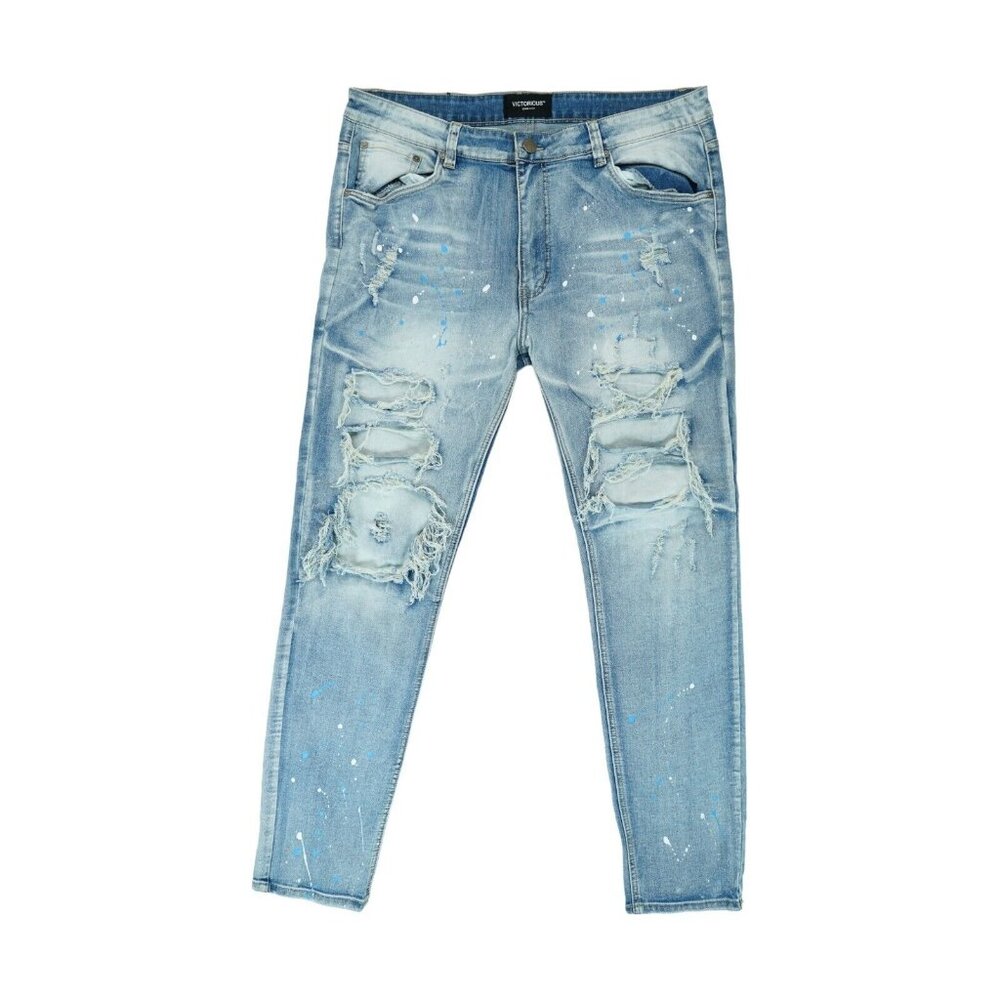 Victorious Men's Casual Stacked Distressed Paint Splatter Biker Jeans Size 38x32